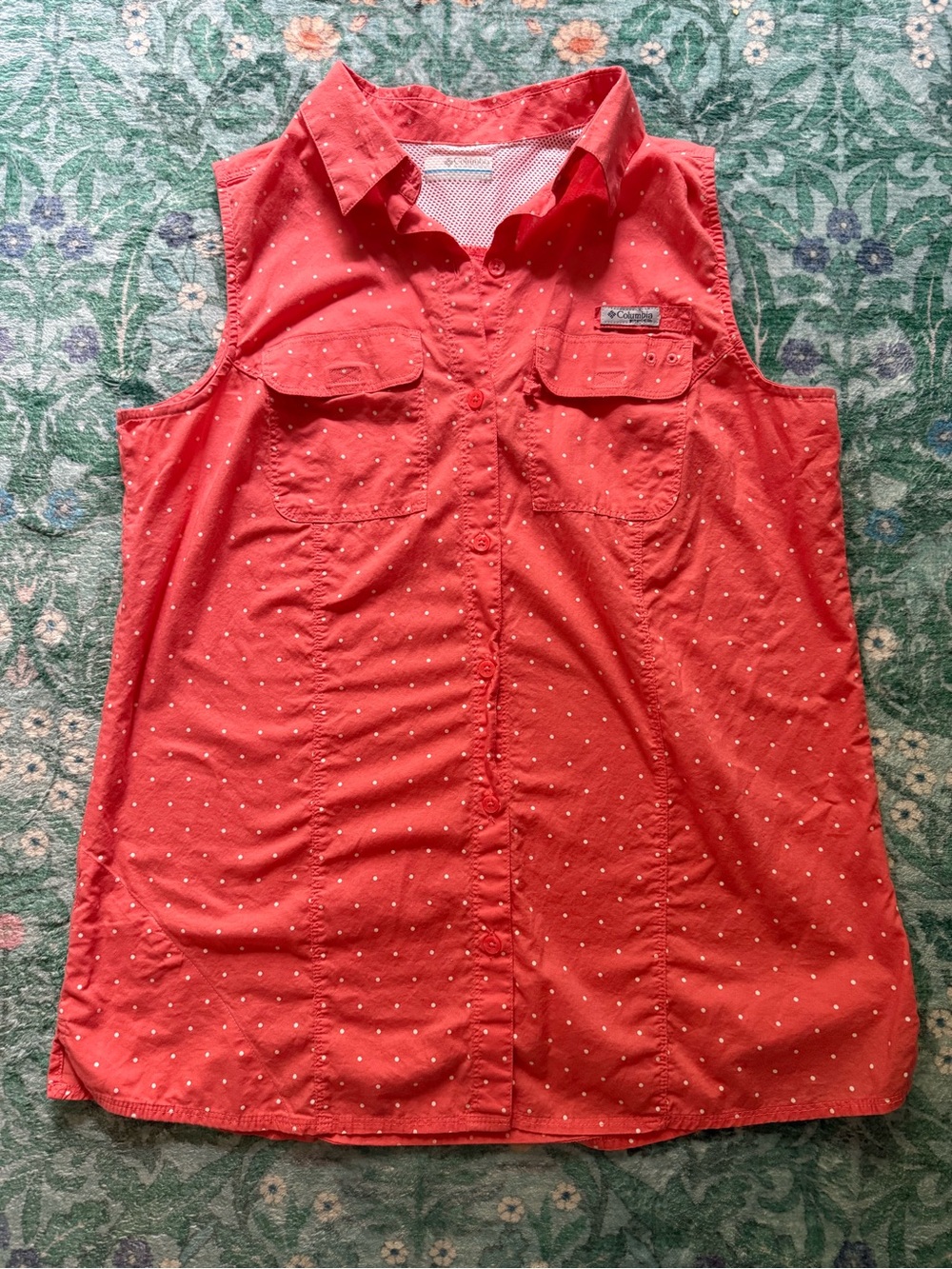 Columbia PFG Coral Sleeveless Polka Dot Button-Up Top